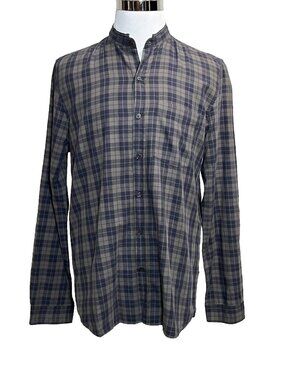Zadig & Voltaire Mens XL Blue Gray Plaid Torro Check Banded Collar Button Down